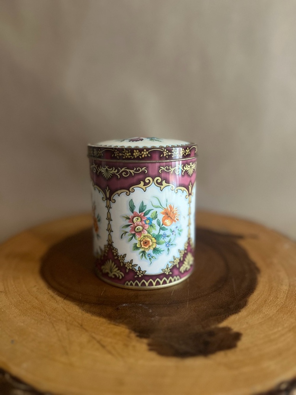 Decorative Floral English Biscuit Tin  in Burgundy and White